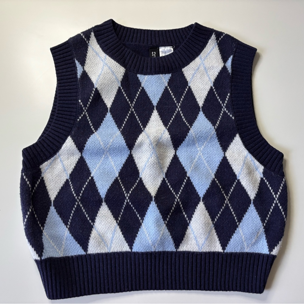 H&M Women's Argyle Sweater Vest - Navy and Light Blue